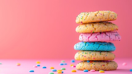 Pile of colorful puffy cookies isolated on colorful background