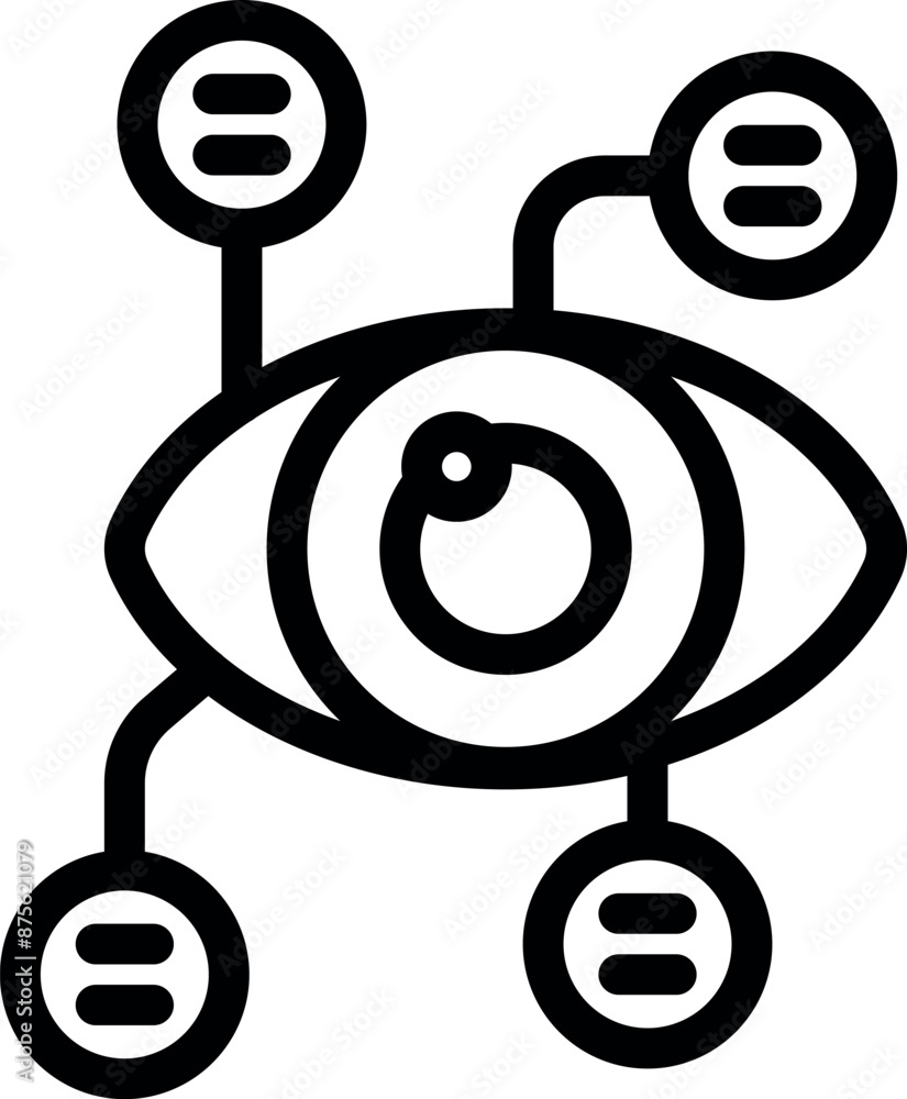 Poster black and white icon of an eye connected to data points, representing ai's ability to process inform