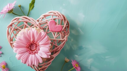 Pink wicker heart with pastel pink flower and freshly baked homemade heart shape cookies isolated on colorful background