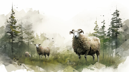 Obraz premium White Background, Double Exposure, Watercolour Sheep ~ Created using Generative AI