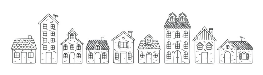 Fototapeta premium Collection of sweet houses in doodle style. With creative roofs and windows. Vector illustration for house icon, village, city element..eps