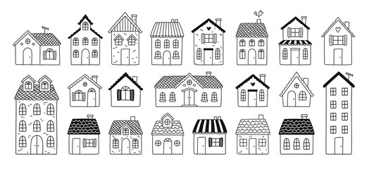 Hand drawn doodle street homes icons set. Vector illustration. Cottage symbol collection. Cartoon village buildings various sketch architectural elements residential houses.eps © AZOGUE.art