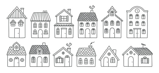 Fototapeta premium House doodle set. Hand drawn sketch style. Building and shops with roof. Vector illustration for house icon, village, city element..eps
