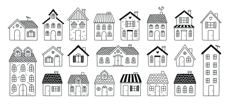 Hand drawn doodle street homes icons set. Vector illustration. Cottage symbol collection. Cartoon village buildings various sketch architectural elements residential houses.eps