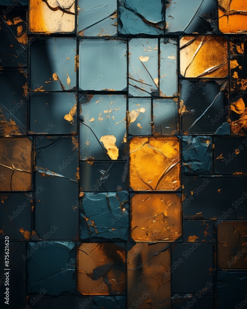 Wall mural an abstract image of a broken glass wall with orange and blue squares