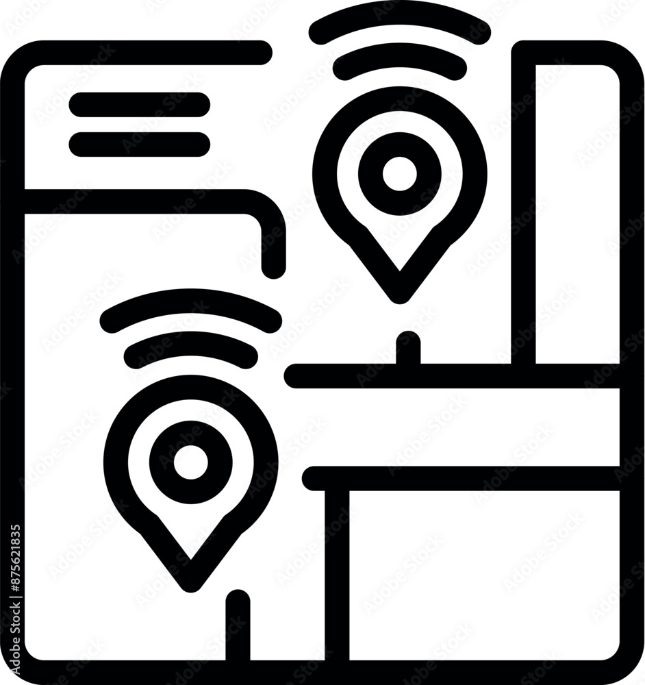 Poster simple black and white icon of a digital map with two location pins indicating a route