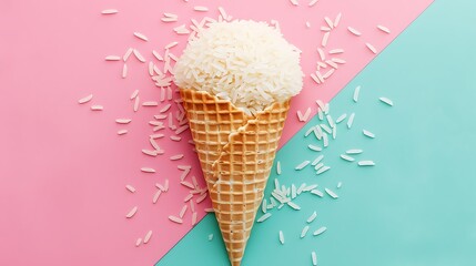 Raw white rice in waffle cone isolated on colorful background