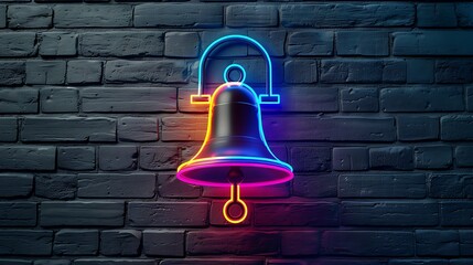 Obraz premium School bell sign with glowing neon colorful lighting on black brick wall