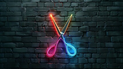 Scissors sign with glowing neon colorful lighting on black brick wall