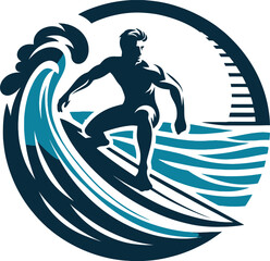 Surfer Riding a Wave Logo Icon Silhouette in Vector Style on White Background