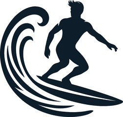 Surfer Riding a Wave Logo Icon Silhouette in Vector Style on White Background
