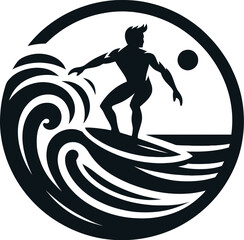 Surfer Riding a Wave Logo Icon Silhouette in Vector Style on White Background