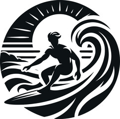 Surfer Riding a Wave Logo Icon Silhouette in Vector Style on White Background