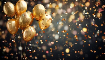 The image presents a captivating scene set against the backdrop of a black background adorned with scattered orange confetti Dominating the center of the frame are three gold balloons, their metallic