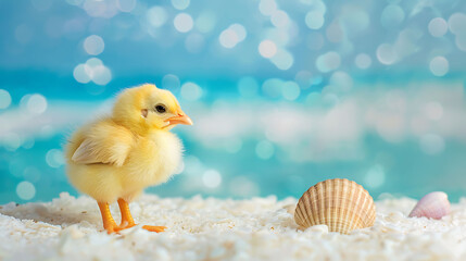 Small yellow chicken and shell on white beach isolated on colorful background