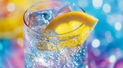 soda sparkling water in a glass with ice and slice of lemon isolated on colorful background
