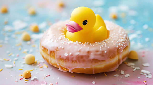 Small yellow rubber duck toy on donut with pink glaze and small white crumbs on isolated on colorful background