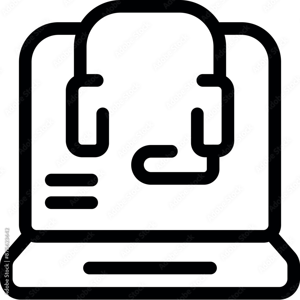 Poster simple icon of a laptop displaying a customer service headset, representing online support and commu
