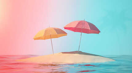 Still life shot of an island with two umbrellas isolated on colorful background