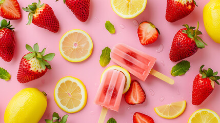 Strawberry and lemon popsicles isolated on colorful background