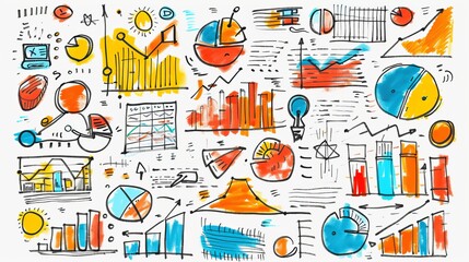 Obraz premium A set of hand-drawn doodles related to business and analysis. Includes graphs, charts, equations, and other related elements. Perfect for presentations, reports, or as design elements.
