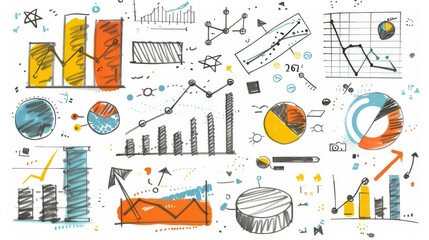 Hand-drawn business and data analysis doodles. White background business sketch illustrations.