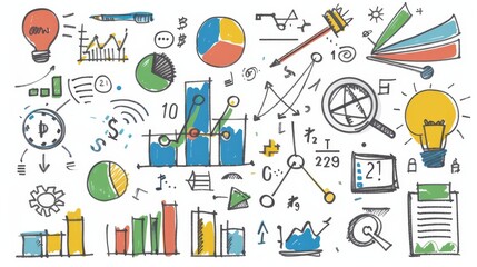 A collection of simple, hand-drawn doodles related to business and analysis. Includes graphs, charts, equations, and other related icons. Perfect for presentations, infographics, and design projects.