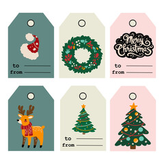 Set of Merry Christmas tags, icons and cards with hand drawn elements. Vector illustration