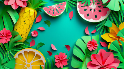Tropical summer fruits arranged in a creative pattern against a vibrant background