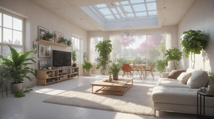 Fototapeta premium Beautiful modern living room, electric with plant elements