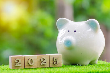 2025 wooden text block and piggy bank