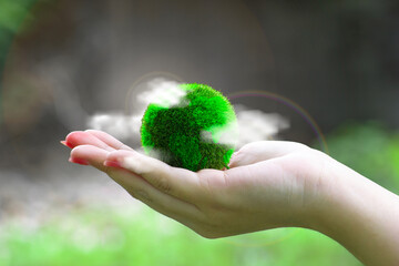 holding earth on green background.