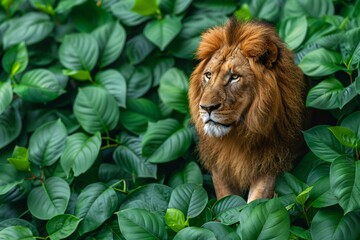 Majestic Lion in Lush Green Foliage