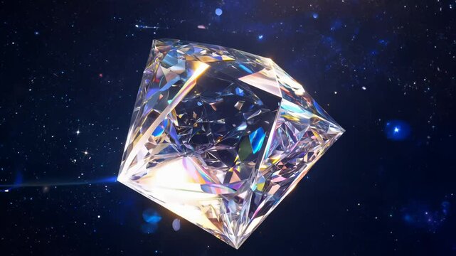 Crystalline structures float in starry expanse. Geometric diamond-like shapes scatter across cosmos, creating dazzling display of blue, pink, golden sparkles. 