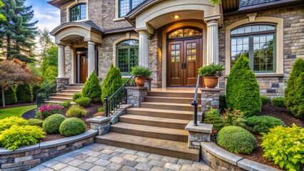 Inviting exterior of luxurious residence featuring stylish entrance door, curved staircase, lush ornamental shrubs, and elegant paved walkway leading up.