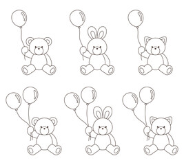 風船を持ったかわいいくまとうさぎとねこのぬいぐるみのベクターイラストセット　アイコン　バルーン　動物	