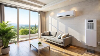 Fototapeta premium Modern sleek air conditioner controller unit sits on wall amidst minimalist decor in a bright, sunlit living room backdrop.
