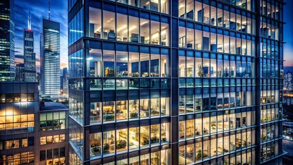 Modern office building at night reflects urban landscape in sleek windows, surrounded by glowing cityscape with towering apartments.