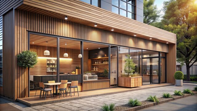 Cozy modern coffee shop exterior features wooden facade, large windows, and minimalist design in a quiet urban setting morning ambiance.