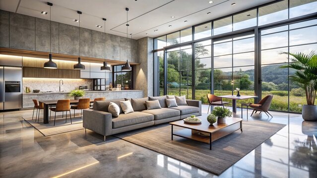 Luxurious open-plan living area with sleek minimalist decor, large windows, and polished concrete flooring, perfect for modern home renovation.