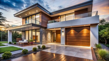 Fototapeta premium Expansive modern residence boasts large patio with wooden door and empty white signage, epitomizing comfort and suburban luxury in serene atmosphere.