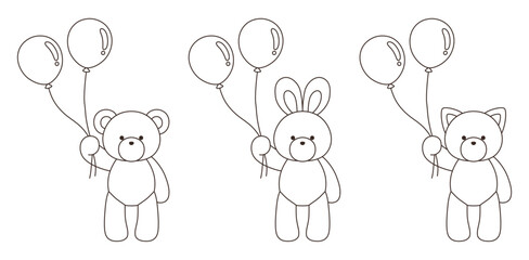 風船を持ったかわいいくまとうさぎとねこのぬいぐるみのベクターイラストセット　アイコン　バルーン　動物	