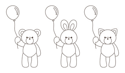 風船を持ったかわいいくまとうさぎとねこのぬいぐるみのベクターイラストセット　アイコン　バルーン　動物	