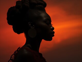 an african woman is silhouetted against an orange sky