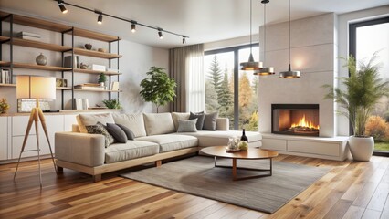 Modern Scandinavian living room features sleek white corner sofa situated near warm fireplace amidst minimalist decorative accents and wooden flooring.