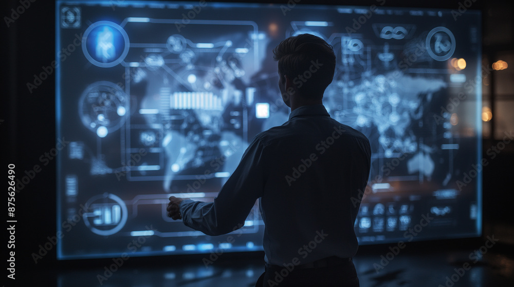 Poster augmented reality hologram of sales performance data management systems, futuristic digital data tec