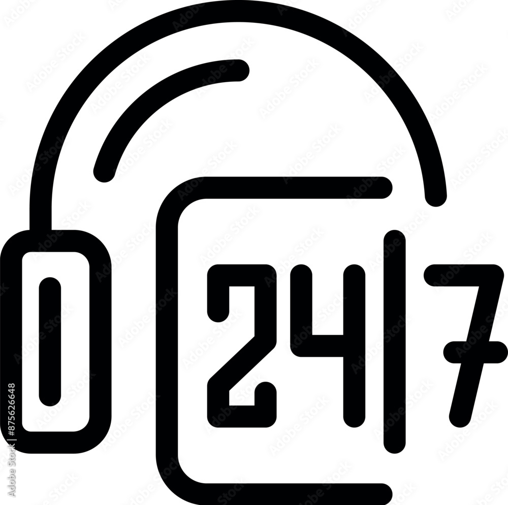 Poster line art icon of a headset connected to a calendar displaying 247 availability, representing constan