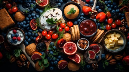 an assortment of fruit and cheese on a table