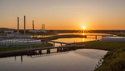 Obraz premium pipe sky water equipment treatment treatment gasoline purification water treatment tank sunset plant plant sewage at