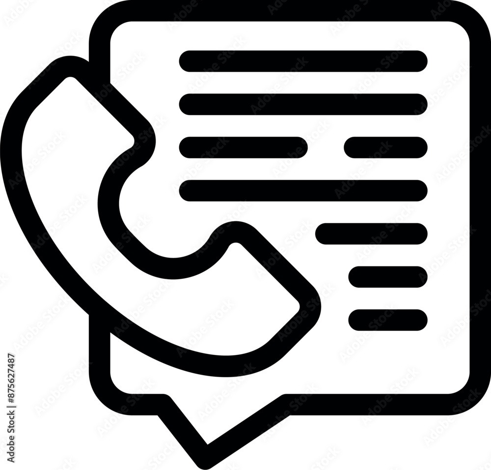 Poster black outline icon of a phone calling with a speech bubble showing a contract with text lines